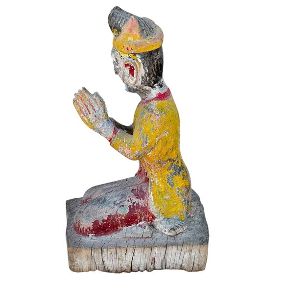 Antique Hand-Carved Wooden Kneeling Monk Statue With Praying Hands - Picture 10 of 16